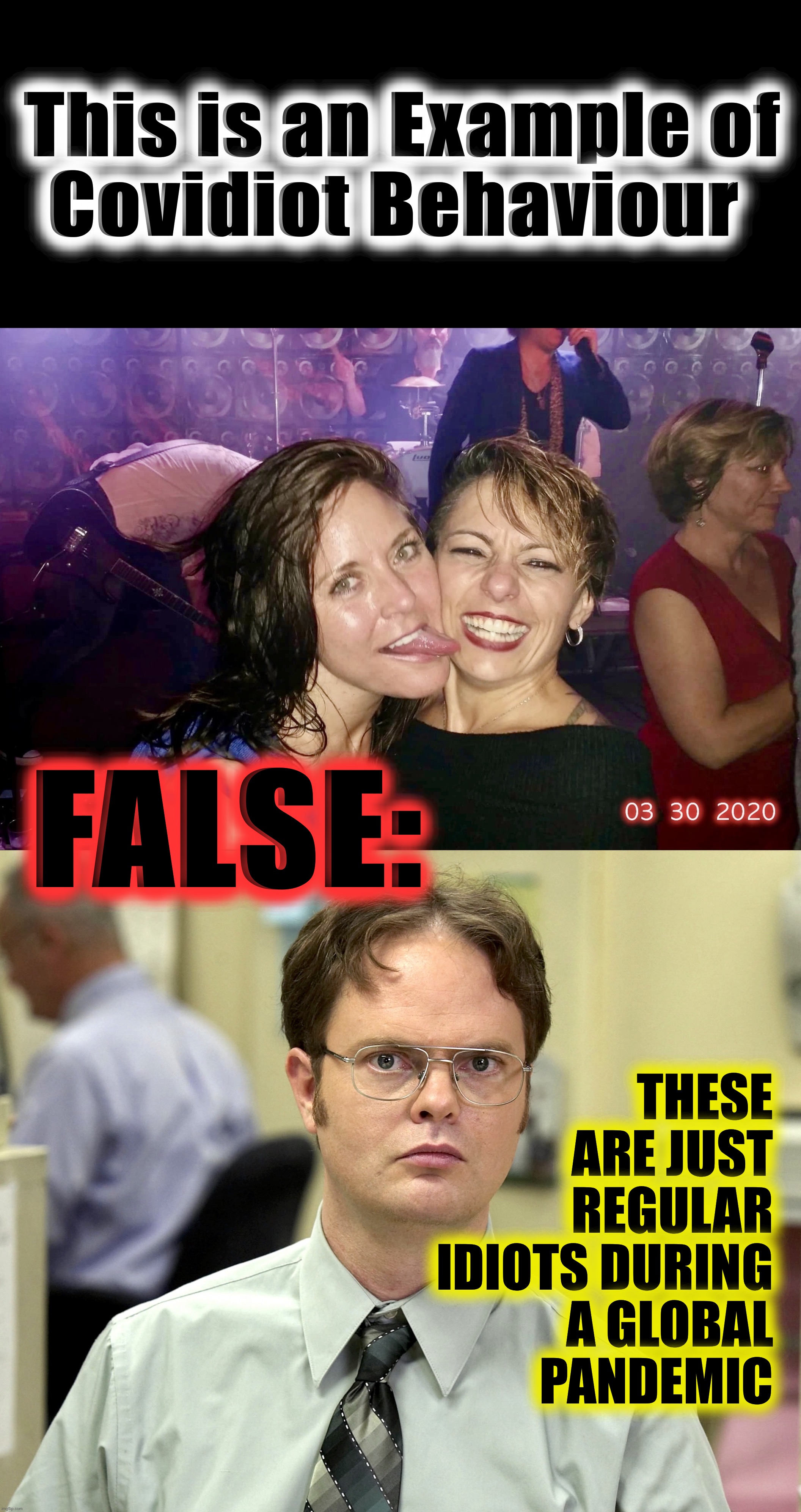 Dwight Explains | This is an Example of
Covidiot Behaviour; FALSE:; THESE ARE JUST REGULAR IDIOTS DURING A GLOBAL PANDEMIC | image tagged in covidiots,dwight schrute,dwight false,memes,coronavirus meme,idiots | made w/ Imgflip meme maker