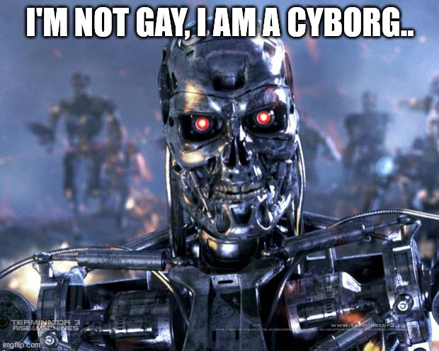 Terminator Robot T-800 | I'M NOT GAY, I AM A CYBORG.. | image tagged in terminator robot t-800 | made w/ Imgflip meme maker