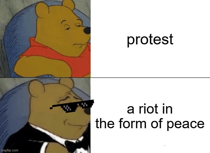 Tuxedo Winnie The Pooh | protest; a riot in the form of peace | image tagged in memes,tuxedo winnie the pooh | made w/ Imgflip meme maker