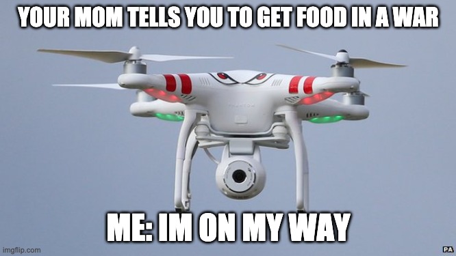 Drones | YOUR MOM TELLS YOU TO GET FOOD IN A WAR; ME: IM ON MY WAY | image tagged in drones | made w/ Imgflip meme maker