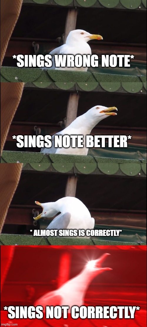 Inhaling Seagull Meme | *SINGS WRONG NOTE*; *SINGS NOTE BETTER*; * ALMOST SINGS IS CORRECTLY*; *SINGS NOT CORRECTLY* | image tagged in memes,inhaling seagull | made w/ Imgflip meme maker
