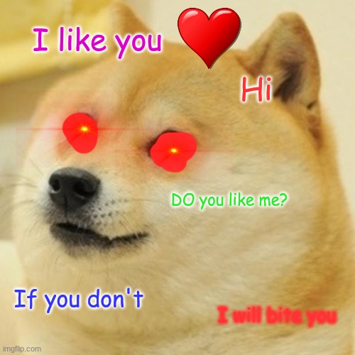 Doge Meme | I like you; Hi; DO you like me? If you don't; I will bite you | image tagged in memes,doge | made w/ Imgflip meme maker