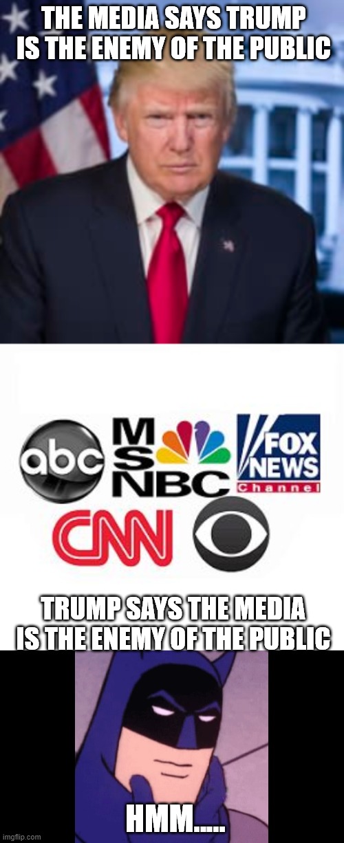 THE MEDIA SAYS TRUMP IS THE ENEMY OF THE PUBLIC; TRUMP SAYS THE MEDIA IS THE ENEMY OF THE PUBLIC; HMM..... | image tagged in media lies,trump,cnn fake news,politics | made w/ Imgflip meme maker