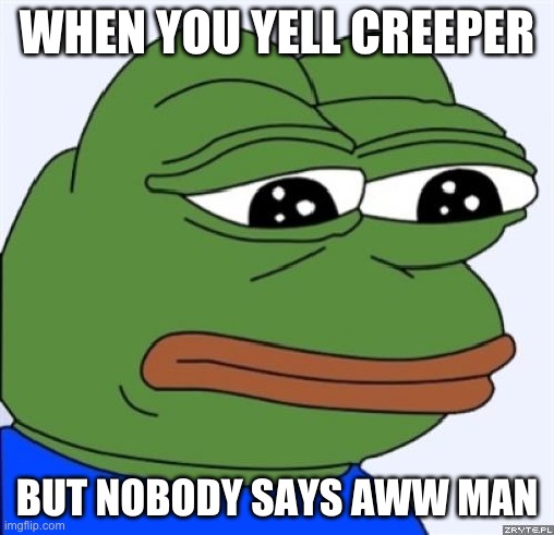 sad frog | WHEN YOU YELL CREEPER; BUT NOBODY SAYS AWW MAN | image tagged in sad frog | made w/ Imgflip meme maker