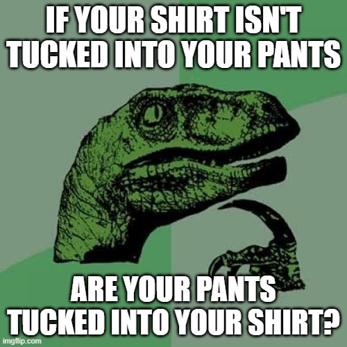 Expanding The Mind | IF YOUR SHIRT ISN'T TUCKED INTO YOUR PANTS; ARE YOUR PANTS TUCKED INTO YOUR SHIRT? | image tagged in memes,philosoraptor | made w/ Imgflip meme maker