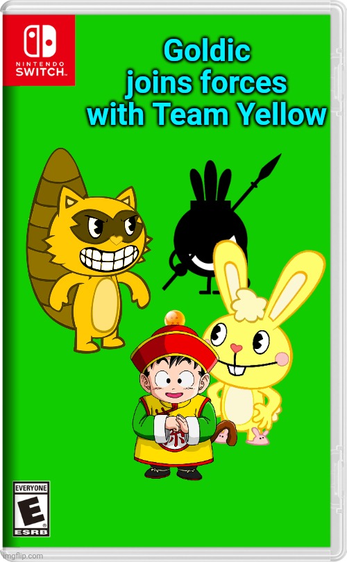 Team Yellow is Back in Business! | Goldic joins forces with Team Yellow | image tagged in nintendo switch,happy tree friends,patapon,gohan,goldic | made w/ Imgflip meme maker