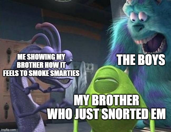 Monsters inc | THE BOYS; ME SHOWING MY BROTHER HOW IT FEELS TO SMOKE SMARTIES; MY BROTHER WHO JUST SNORTED EM | image tagged in monsters inc | made w/ Imgflip meme maker