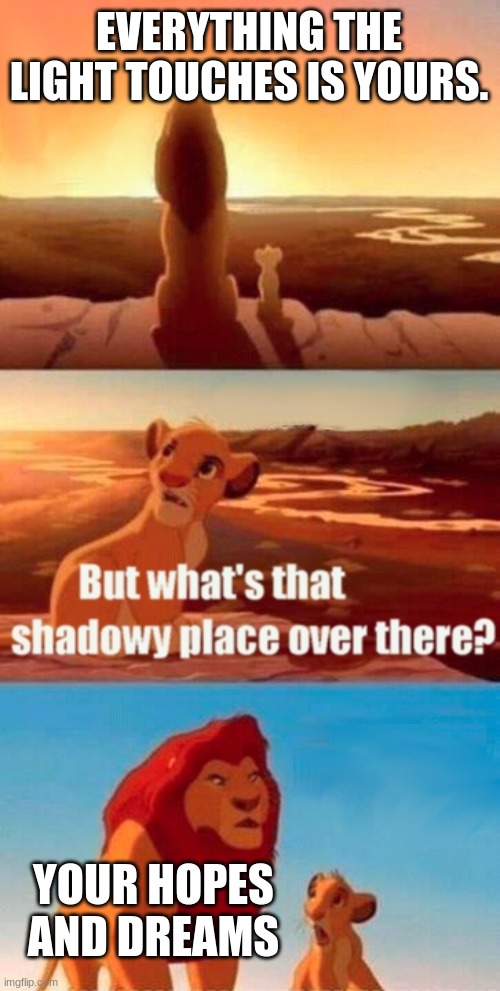 Simba Shadowy Place | EVERYTHING THE LIGHT TOUCHES IS YOURS. YOUR HOPES AND DREAMS | image tagged in memes,simba shadowy place | made w/ Imgflip meme maker