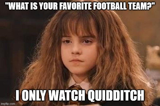 Harry Potter - Miss Granger is NOT amused | "WHAT IS YOUR FAVORITE FOOTBALL TEAM?"; I ONLY WATCH QUIDDITCH | image tagged in harry potter - miss granger is not amused | made w/ Imgflip meme maker