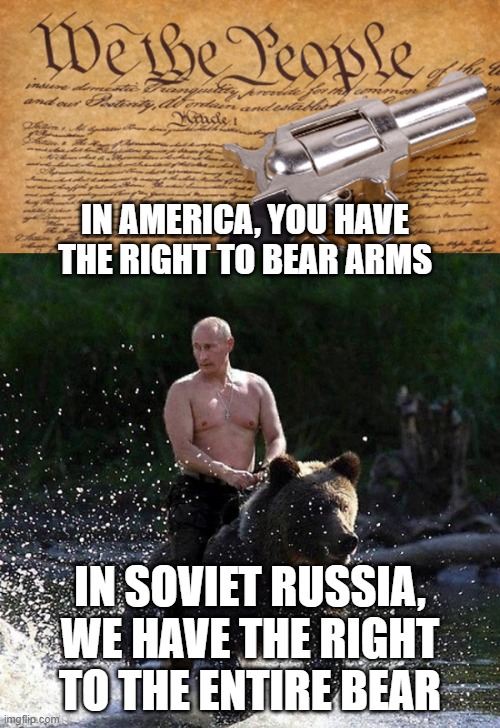 joe mama | IN AMERICA, YOU HAVE THE RIGHT TO BEAR ARMS; IN SOVIET RUSSIA, WE HAVE THE RIGHT TO THE ENTIRE BEAR | image tagged in 2nd amendment,funny,memes,in soviet russia,america | made w/ Imgflip meme maker