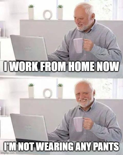 Hide the Pain Harold Meme | I WORK FROM HOME NOW; I'M NOT WEARING ANY PANTS | image tagged in memes,hide the pain harold | made w/ Imgflip meme maker