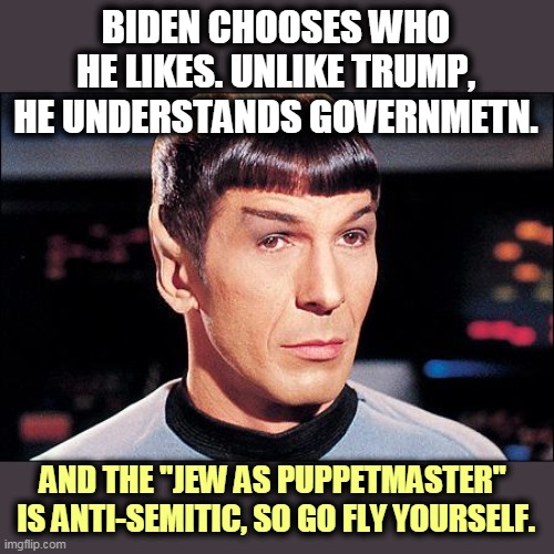 Condescending Spock | BIDEN CHOOSES WHO HE LIKES. UNLIKE TRUMP, HE UNDERSTANDS GOVERNMETN. AND THE "JEW AS PUPPETMASTER" 
IS ANTI-SEMITIC, SO GO FLY YOURSELF. | image tagged in condescending spock | made w/ Imgflip meme maker