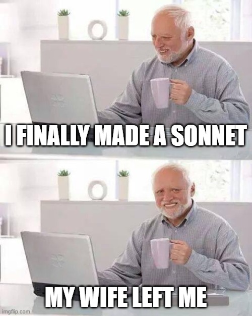LIFE | I FINALLY MADE A SONNET; MY WIFE LEFT ME | image tagged in memes,hide the pain harold | made w/ Imgflip meme maker