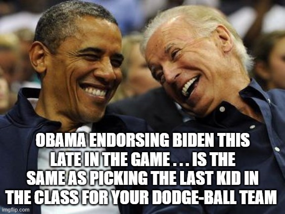 Biden is Last Pick |  OBAMA ENDORSING BIDEN THIS LATE IN THE GAME . . . IS THE SAME AS PICKING THE LAST KID IN THE CLASS FOR YOUR DODGE-BALL TEAM | image tagged in biden,obama,election 2020,republicans,democrats | made w/ Imgflip meme maker