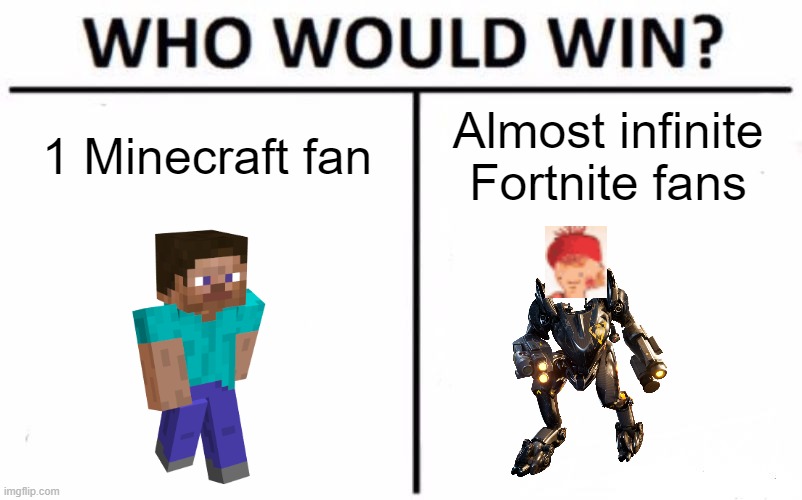 we know who would win | 1 Minecraft fan; Almost infinite Fortnite fans | image tagged in memes,who would win | made w/ Imgflip meme maker