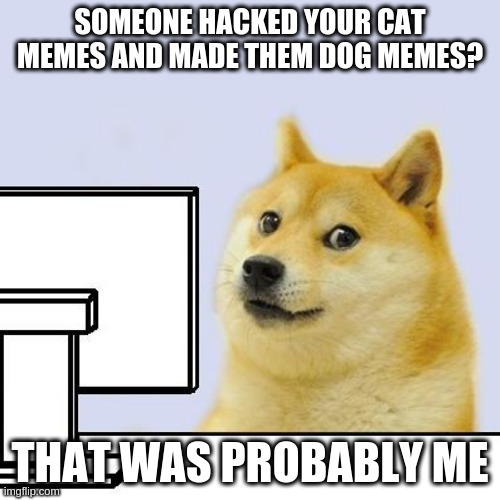 Hacker Doge | SOMEONE HACKED YOUR CAT MEMES AND MADE THEM DOG MEMES? THAT WAS PROBABLY ME | image tagged in hacker doge | made w/ Imgflip meme maker