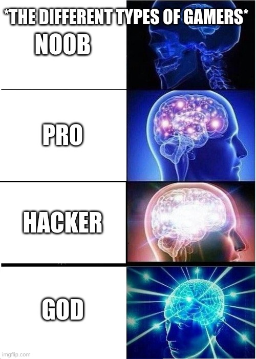 Expanding Brain Meme | *THE DIFFERENT TYPES OF GAMERS*; NOOB; PRO; HACKER; GOD | image tagged in memes,expanding brain | made w/ Imgflip meme maker