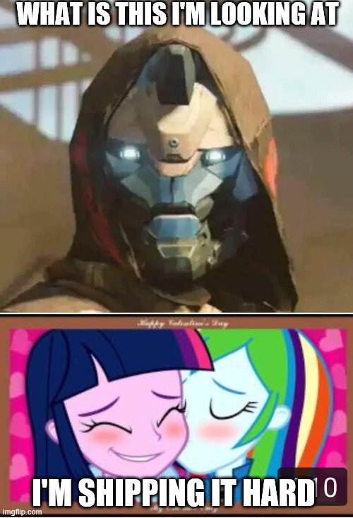 cayde reacts to mlp shipping | WHAT IS THIS I'M LOOKING AT; I'M SHIPPING IT HARD | image tagged in twili spreading love | made w/ Imgflip meme maker