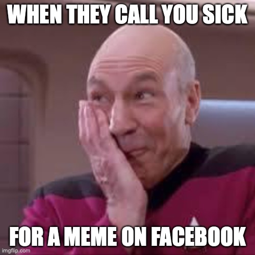 Patrick Stewart smirk | WHEN THEY CALL YOU SICK; FOR A MEME ON FACEBOOK | image tagged in patrick stewart smirk | made w/ Imgflip meme maker