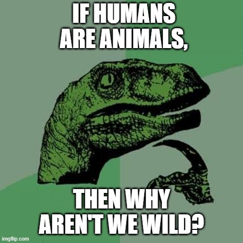 Philosoraptor Meme | IF HUMANS ARE ANIMALS, THEN WHY AREN'T WE WILD? | image tagged in memes,philosoraptor | made w/ Imgflip meme maker