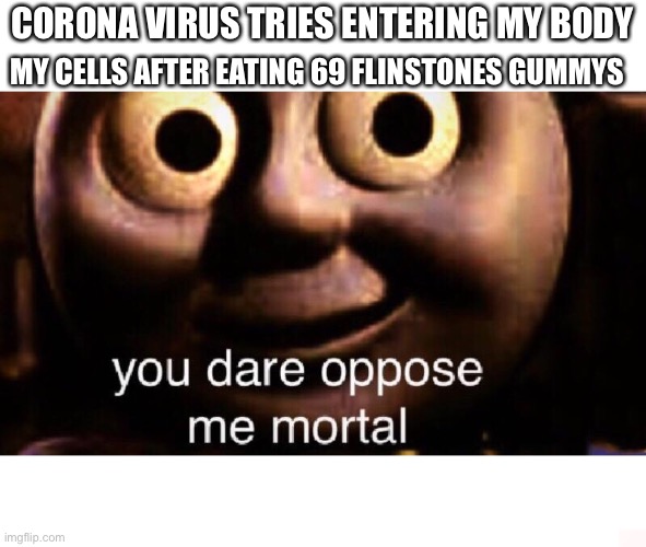 You dare oppose me mortal | MY CELLS AFTER EATING 69 FLINSTONES GUMMYS; CORONA VIRUS TRIES ENTERING MY BODY | image tagged in you dare oppose me mortal | made w/ Imgflip meme maker