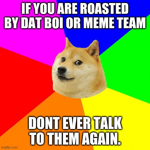 Advice Doge | IF YOU ARE ROASTED BY DAT BOI OR MEME TEAM; DONT EVER TALK TO THEM AGAIN. | image tagged in memes,advice doge | made w/ Imgflip meme maker