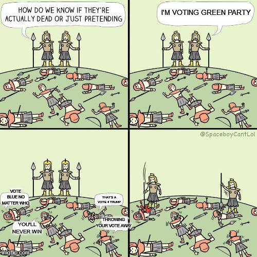 I'M VOTING GREEN PARTY; VOTE BLUE NO MATTER WHO; THAT'S A VOTE 4 TRUMP; THROWING YOUR VOTE AWAY; YOU'LL NEVER WIN | image tagged in green party | made w/ Imgflip meme maker