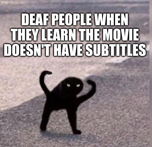 Cursed Cat | DEAF PEOPLE WHEN THEY LEARN THE MOVIE DOESN'T HAVE SUBTITLES | image tagged in cursed cat,stop reading the tags | made w/ Imgflip meme maker