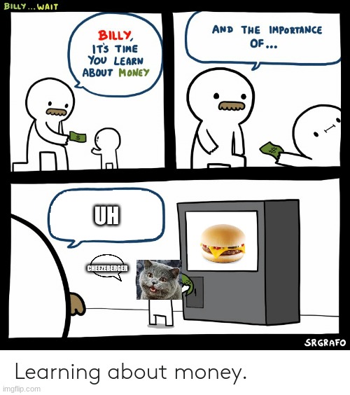 Billy Learning About Money | UH; CHEEZEBERGER | image tagged in billy learning about money,cats | made w/ Imgflip meme maker