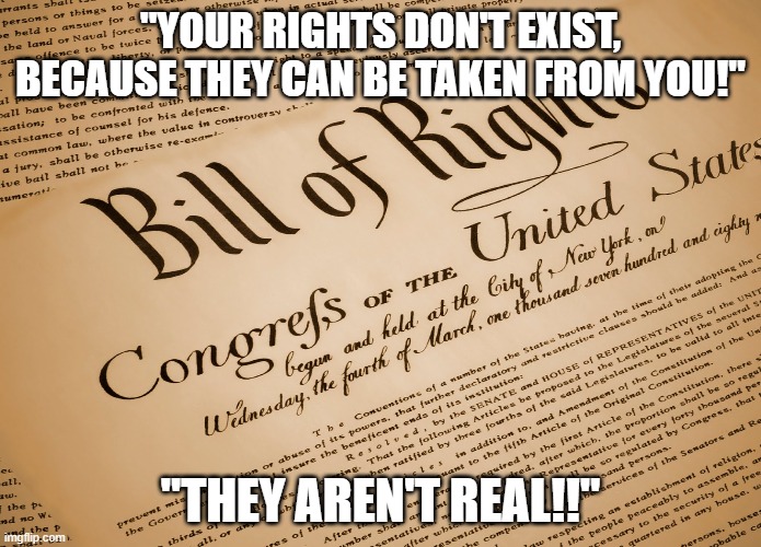 bill of rights | "YOUR RIGHTS DON'T EXIST, BECAUSE THEY CAN BE TAKEN FROM YOU!"; "THEY AREN'T REAL!!" | image tagged in bill of rights | made w/ Imgflip meme maker