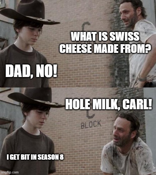 Rick and Carl | WHAT IS SWISS CHEESE MADE FROM? DAD, NO! HOLE MILK, CARL! I GET BIT IN SEASON 8 | image tagged in memes,rick and carl | made w/ Imgflip meme maker