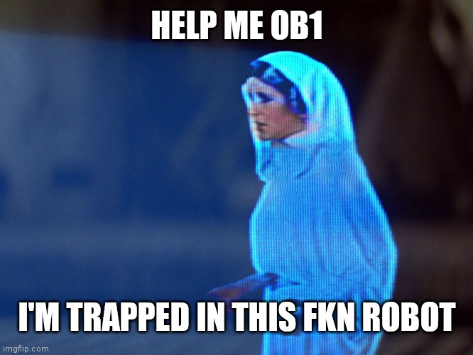 Princess Leia Hologram | HELP ME OB1; I'M TRAPPED IN THIS FKN ROBOT | image tagged in princess leia hologram | made w/ Imgflip meme maker