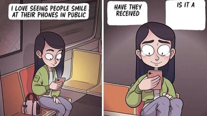 Smiling at their phone Blank Meme Template