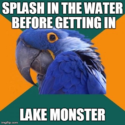 Paranoid Parrot Meme | SPLASH IN THE WATER BEFORE GETTING IN LAKE MONSTER | image tagged in memes,paranoid parrot | made w/ Imgflip meme maker