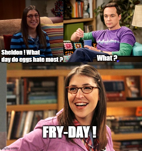 Sheldon ! What day do eggs hate most ? What ? FRY-DAY ! | image tagged in sheldon cooper | made w/ Imgflip meme maker