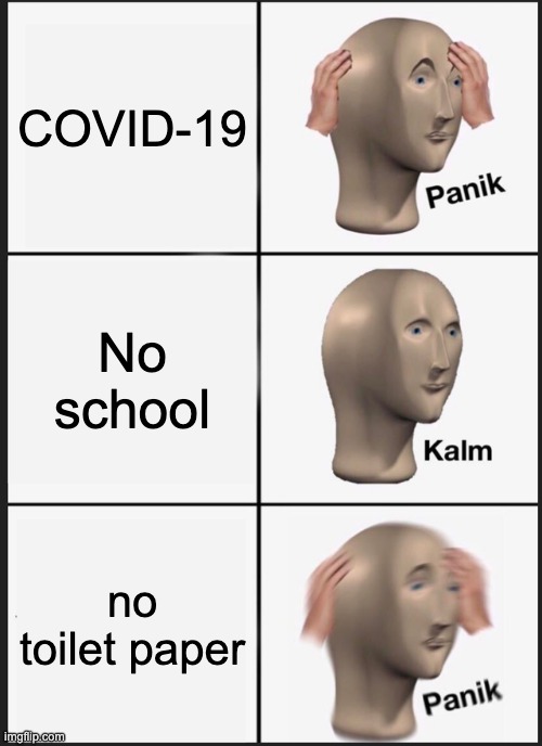 Panik Kalm Panik | COVID-19; No school; no toilet paper | image tagged in memes,panik kalm panik | made w/ Imgflip meme maker