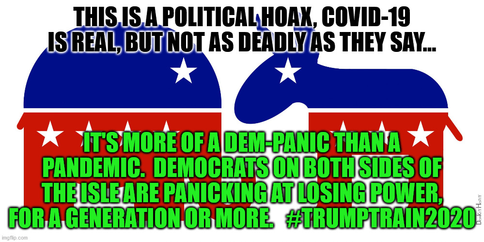 Republican and Democrat | THIS IS A POLITICAL HOAX, COVID-19 IS REAL, BUT NOT AS DEADLY AS THEY SAY... IT'S MORE OF A DEM-PANIC THAN A PANDEMIC.  DEMOCRATS ON BOTH SIDES OF THE ISLE ARE PANICKING AT LOSING POWER, FOR A GENERATION OR MORE.   #TRUMPTRAIN2020 | image tagged in republican and democrat | made w/ Imgflip meme maker