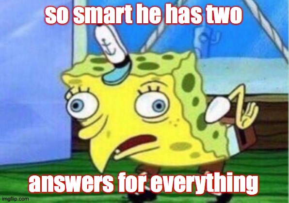 Mocking Spongebob Meme | so smart he has two answers for everything | image tagged in memes,mocking spongebob | made w/ Imgflip meme maker