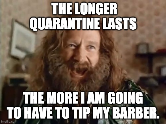 What Year Is It | THE LONGER QUARANTINE LASTS; THE MORE I AM GOING TO HAVE TO TIP MY BARBER. | image tagged in memes,what year is it | made w/ Imgflip meme maker