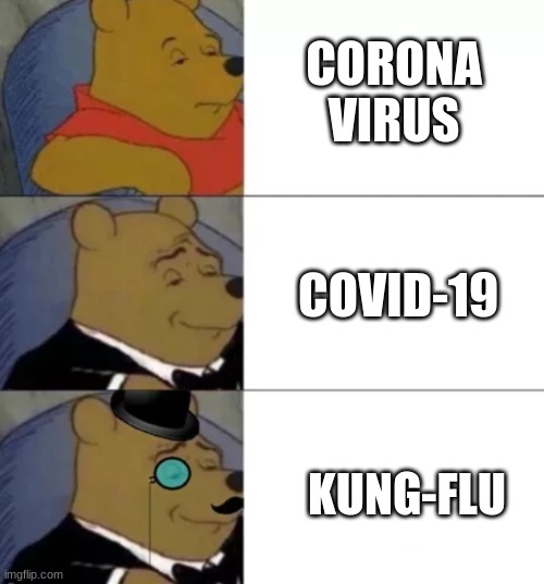 Fancy pooh | CORONA
VIRUS; COVID-19; KUNG-FLU | image tagged in fancy pooh | made w/ Imgflip meme maker