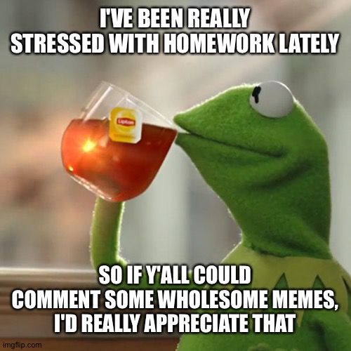 But That's None Of My Business Meme | I'VE BEEN REALLY STRESSED WITH HOMEWORK LATELY; SO IF Y'ALL COULD COMMENT SOME WHOLESOME MEMES, I'D REALLY APPRECIATE THAT | image tagged in memes,but that's none of my business,kermit the frog | made w/ Imgflip meme maker