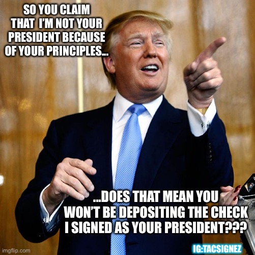 About your principles... | SO YOU CLAIM THAT  I’M NOT YOUR PRESIDENT BECAUSE OF YOUR PRINCIPLES... ...DOES THAT MEAN YOU WON’T BE DEPOSITING THE CHECK I SIGNED AS YOUR PRESIDENT??? IG:TACSIGNEZ | image tagged in donald trump,not my president,liberal hypocrisy | made w/ Imgflip meme maker