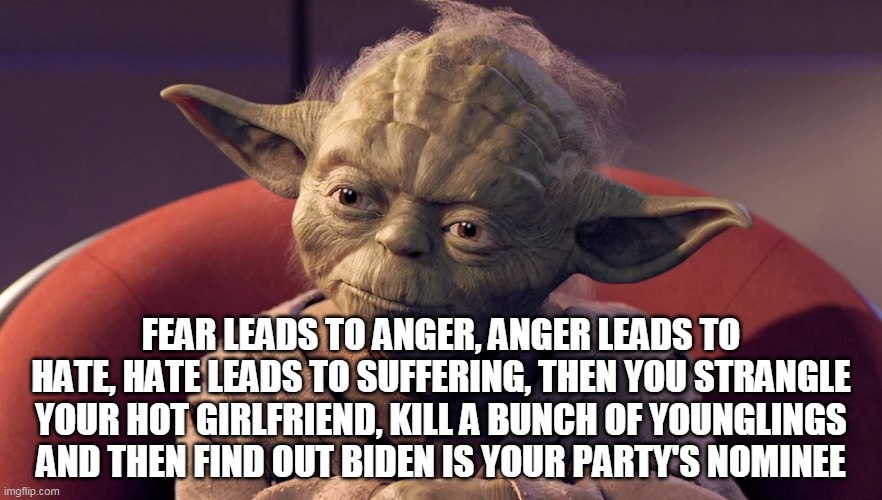 Star Wars | FEAR LEADS TO ANGER, ANGER LEADS TO HATE, HATE LEADS TO SUFFERING, THEN YOU STRANGLE YOUR HOT GIRLFRIEND, KILL A BUNCH OF YOUNGLINGS AND THEN FIND OUT BIDEN IS YOUR PARTY'S NOMINEE | image tagged in political humor | made w/ Imgflip meme maker