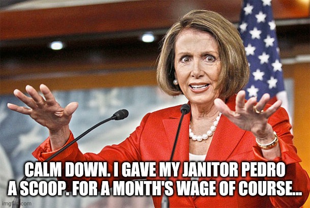 Nancy Pelosi is crazy | CALM DOWN. I GAVE MY JANITOR PEDRO A SCOOP. FOR A MONTH'S WAGE OF COURSE... | image tagged in nancy pelosi is crazy | made w/ Imgflip meme maker