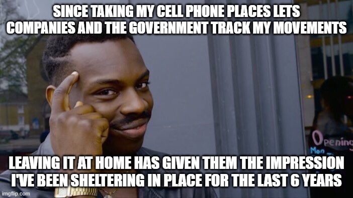 My Google Maps location history is really, terribly boring | SINCE TAKING MY CELL PHONE PLACES LETS COMPANIES AND THE GOVERNMENT TRACK MY MOVEMENTS; LEAVING IT AT HOME HAS GIVEN THEM THE IMPRESSION I'VE BEEN SHELTERING IN PLACE FOR THE LAST 6 YEARS | image tagged in memes,roll safe think about it,shelter in place,coronavirus,cell phone | made w/ Imgflip meme maker