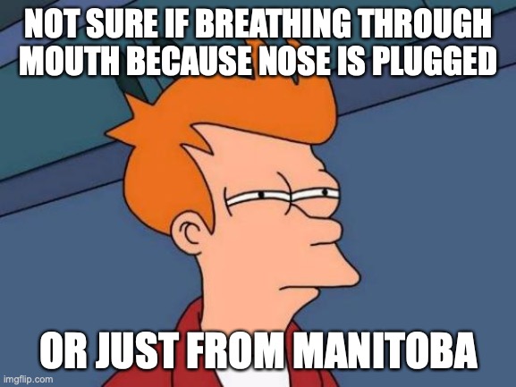 Futurama Fry | NOT SURE IF BREATHING THROUGH MOUTH BECAUSE NOSE IS PLUGGED; OR JUST FROM MANITOBA | image tagged in memes,futurama fry | made w/ Imgflip meme maker