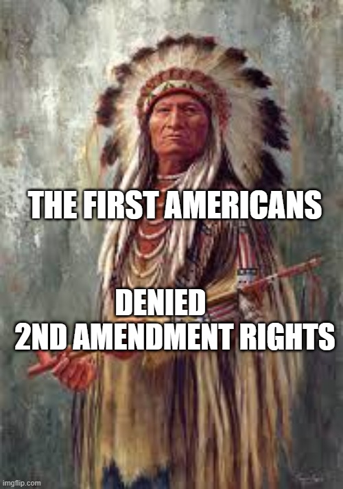 Native American denied 2nd Amendment Rights and Property rights. Connection? | THE FIRST AMERICANS; DENIED      2ND AMENDMENT RIGHTS | image tagged in native american,2nd amendment | made w/ Imgflip meme maker