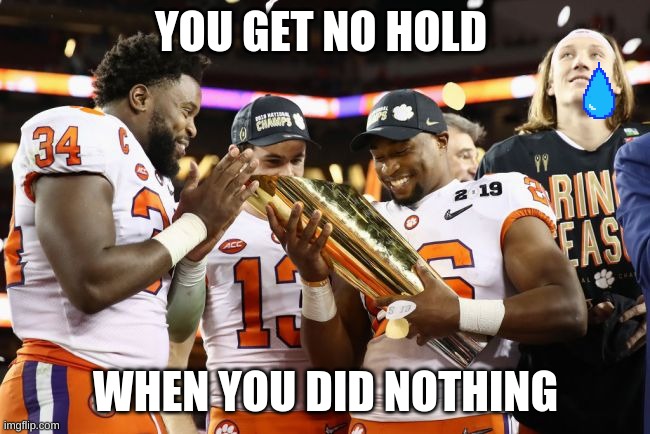 Clemson Tigers | YOU GET NO HOLD; WHEN YOU DID NOTHING | image tagged in clemson tigers | made w/ Imgflip meme maker