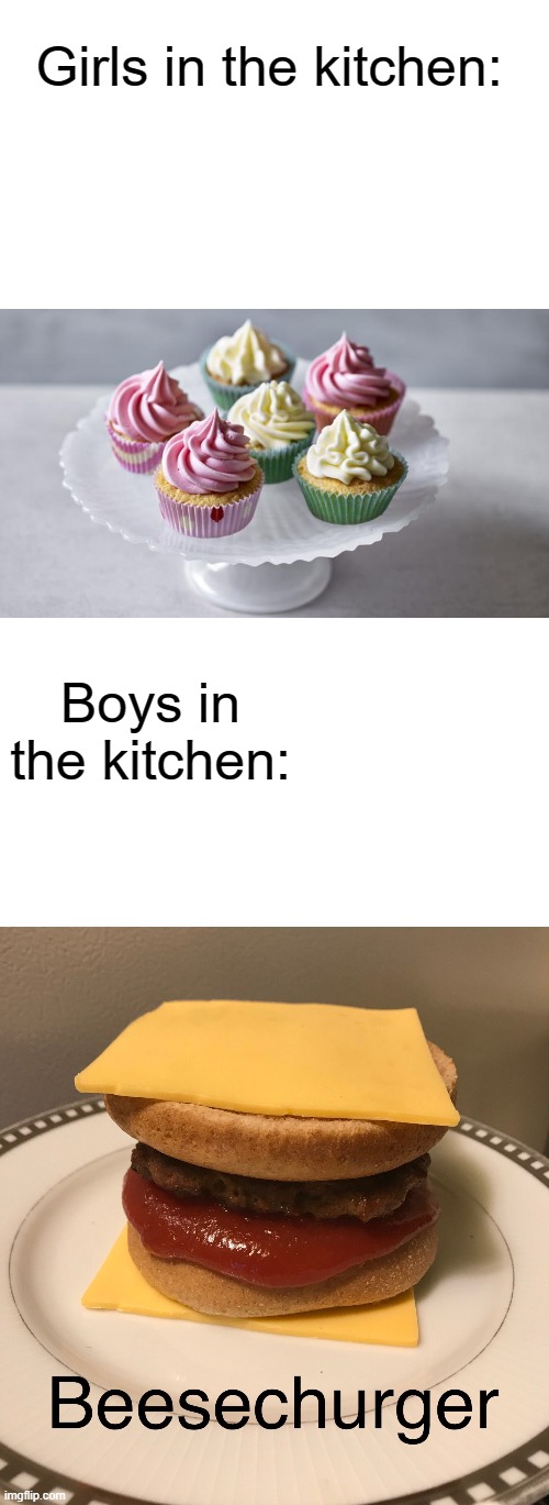 Beesechurger | Girls in the kitchen:; Boys in the kitchen: | image tagged in parallel universe,boys vs girls | made w/ Imgflip meme maker