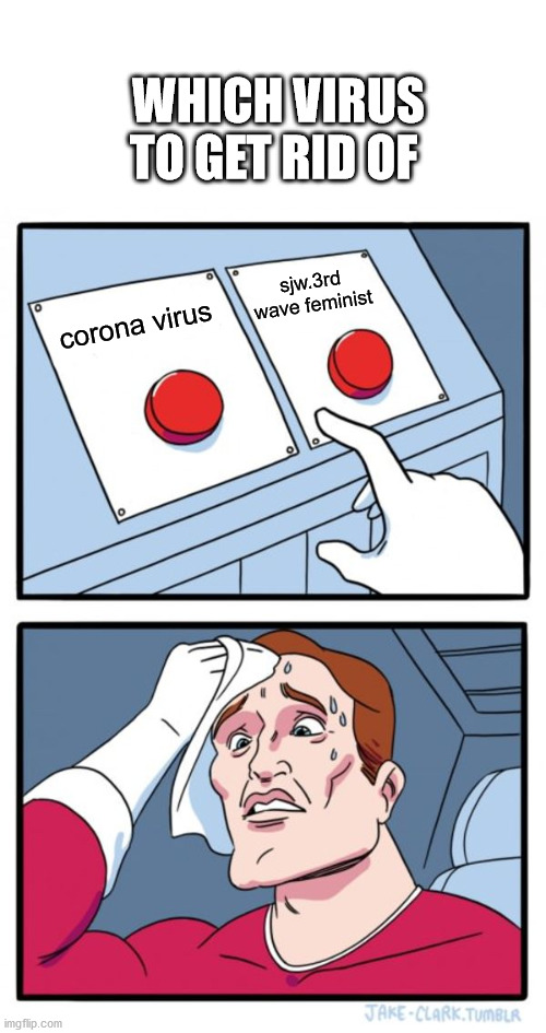 Two Buttons | WHICH VIRUS TO GET RID OF; sjw.3rd wave feminist; corona virus | image tagged in memes,two buttons,sjws,feminism,corona virus,funny memes | made w/ Imgflip meme maker